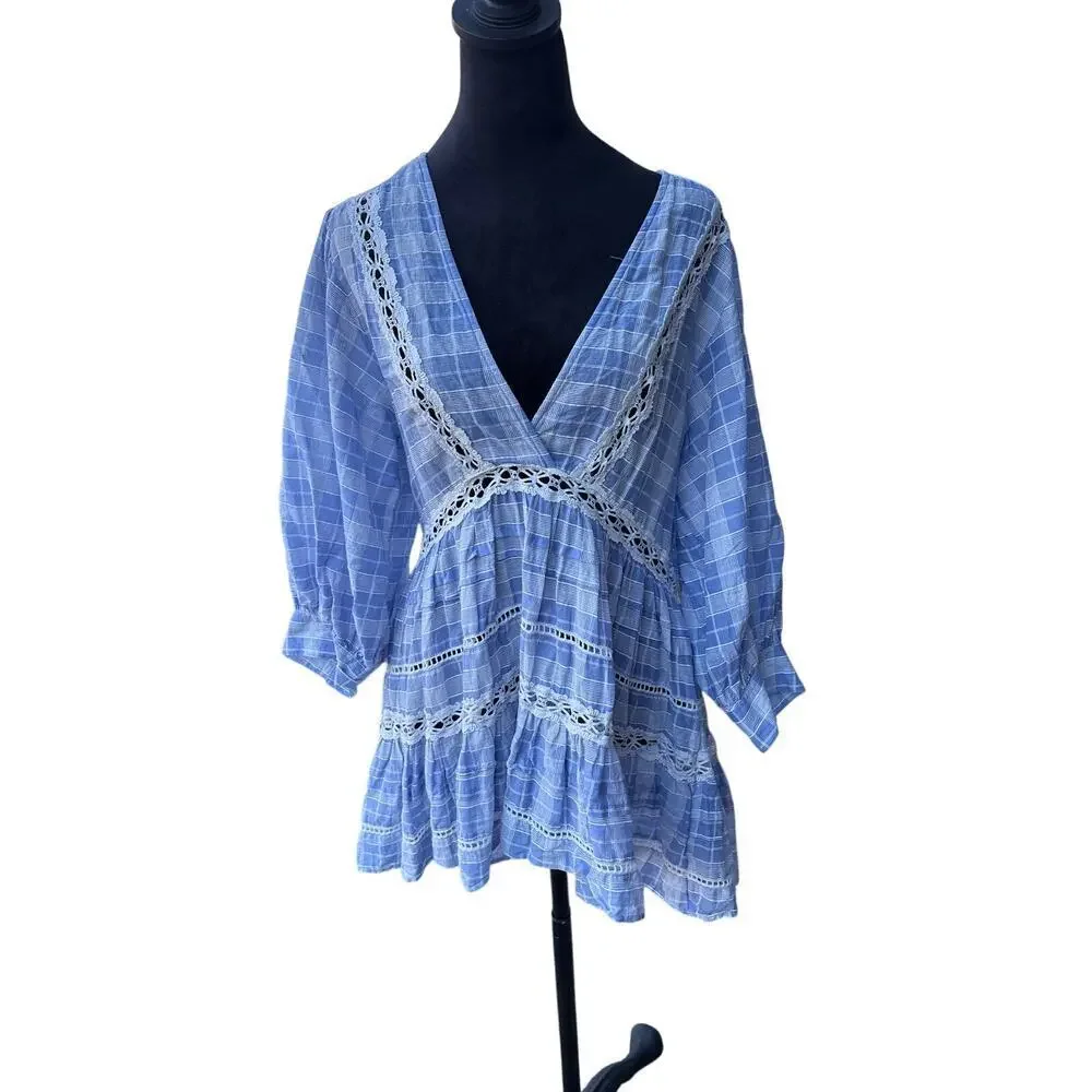 Free People Blue Plaid Lace Trim Tiered Tunic Cottagecore Puff Sleeve Boho